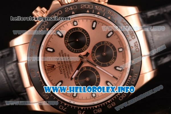 Rolex Daytona Chronograph Swiss Valjoux 7750 Automatic Rose Gold Case with Rose Gold Dial Stick Markers and Black Leather Strap (JF) - Click Image to Close
